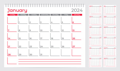 Calendar 2024 planner template. Week starts on Sunday. Set of 12 months. Vector illustration