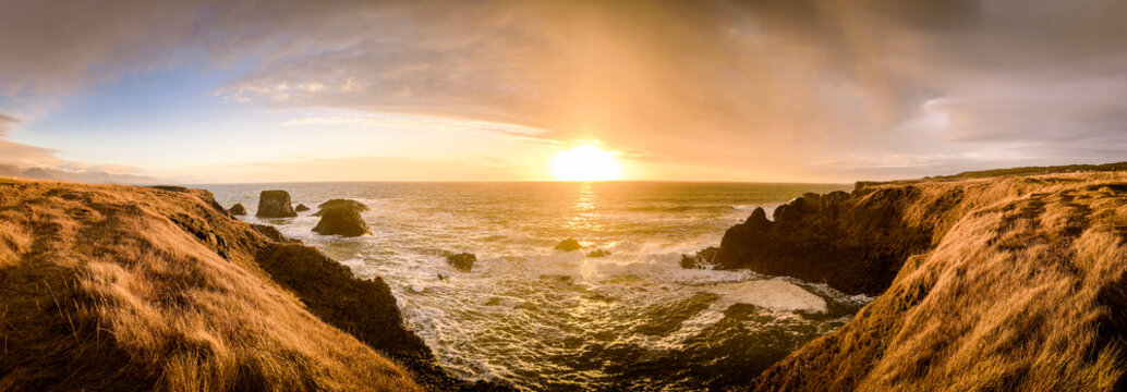 Scenic panoramic seascape sunrise view at the coast of Snæfellsnes Peninsula in Western Iceland