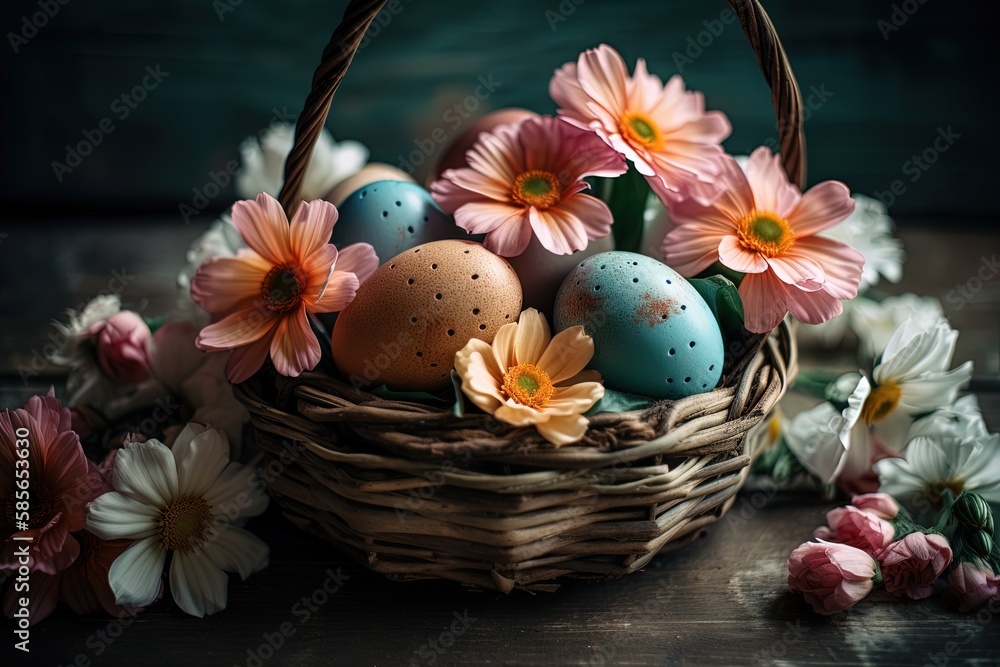 Aufkleber rustic table setting with a basket of colorful eggs and spring flowers. generative ai