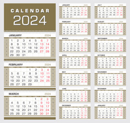 Calendar 2024. Wall quarterly calendar with week numbers. Week start from Monday. Ready for print, color - Black, Red, Gold. Vector Illustration