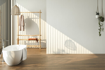 Blank white wall for mock up of bathroom cabinet, in modern bathroom, bathtub, parquet floor, city view from window. 3d rendering