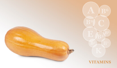 Fototapeta premium pumpkin isolated on a colored gradient background with markings of vitamins found in pumpkins