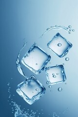 ice cubes in water, 3d ice cubes isolated on blue background