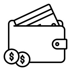 Wallet icon for carrying money, coins and a credit or debit card for payment