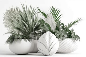 collection of white vases filled with various green plants and succulents. Generative AI