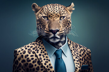leopard businessman in a suit,a businessman in a leopard and a leopard-colored business suit, portrait of a successful stylish leopard, Generative AI