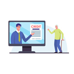 Cartoon character of elderly man getting credit in bank. Financial help for old people. Modern banking services online. Young bank consultant helping senior man. Vector