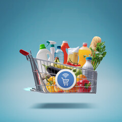 Fast rocket-propelled shopping cart with groceries