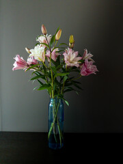 A bouquet of pink and white lily flowers in a glass vase with water in front of a grey wall with strong light contrast