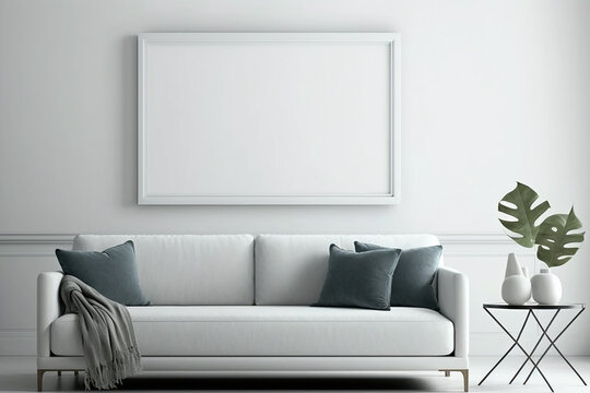 Blank picture frame mockup on white wall modern living room design view of modern scandinavian style interior with sofa highly detailed fur with Generative AI technology
