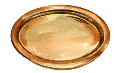 watercolor illustration of traditional arabic metal cooper tray, plate isolated on white background