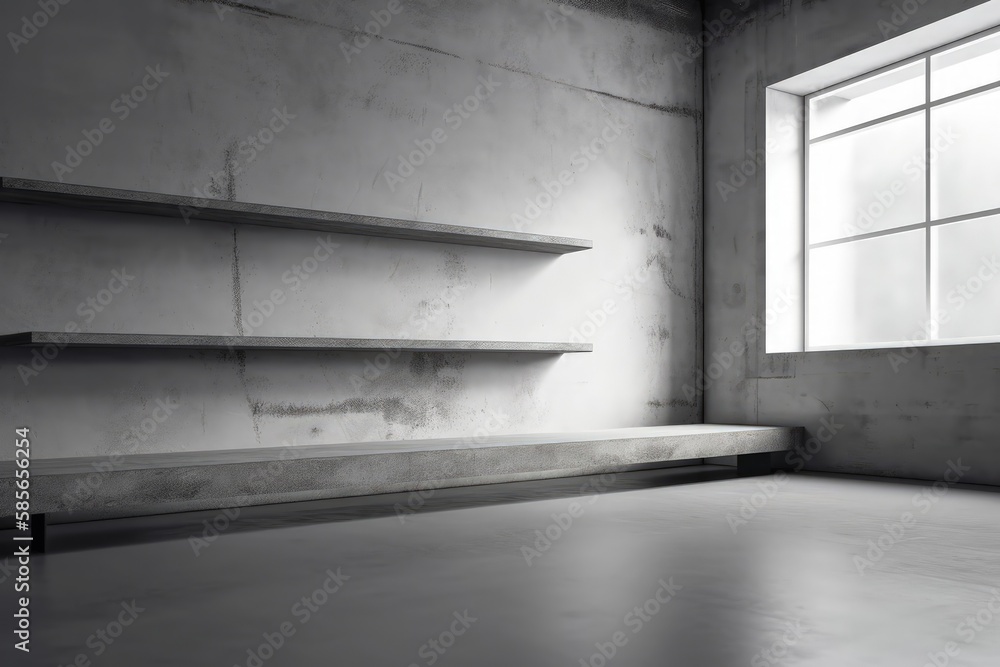 Poster an empty room with shelves and a window. generative ai