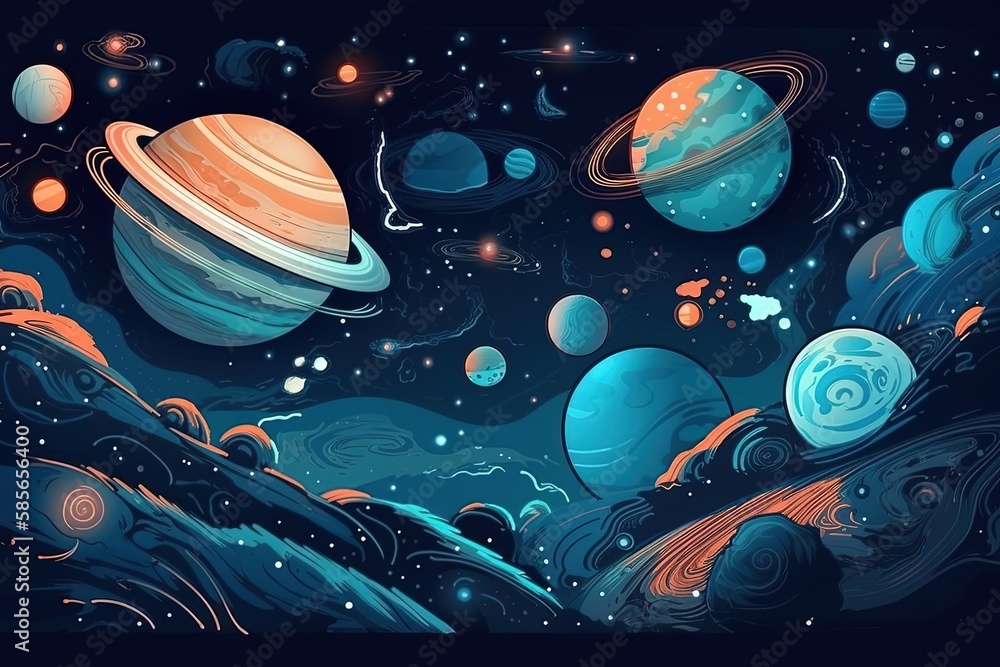 Poster vibrant and colorful space scene with multiple planets and stars shining brightly. generative ai