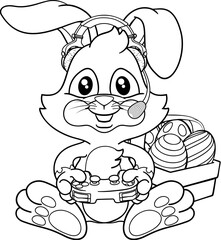 A video gamer Easter bunny rabbit cartoon character holding a game controller playing video games.