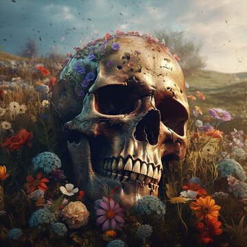 Un cr&acirc;ne humain avec une m&acirc;choire fissur&eacute;e, entour&eacute; d'un champ de fleurs sauvages