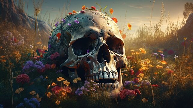 Un cr&acirc;ne humain avec une m&acirc;choire fissur&eacute;e, entour&eacute; d'un champ de fleurs sauvages