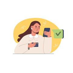 Cartoon character of woman making cashless payment for goods via Internet. Process of doing shopping online from home using mobile app. Digital environment and electronic commerce. Vector