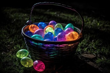 glowing Easter basket filled with colorful eggs in a dark setting. Generative AI