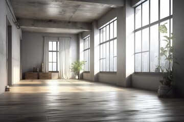 an Empty Room with Natural Light and a Potted Plant. Generative AI