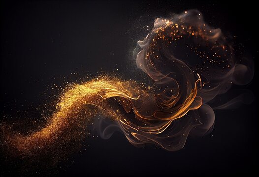 Gold flow and golden glitter smoke particles background, shimmer glow or dust light spray. Golden fragrance flow effect with magic glitter fluid sparkles and shine gleaming flares. Generative AI