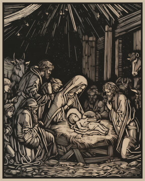 woodcut print of a christmas nativity scene