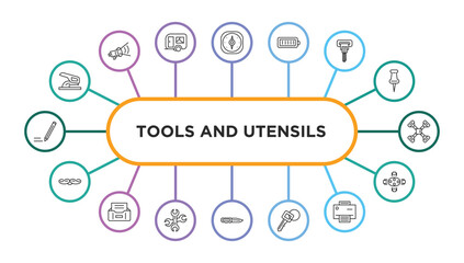 tools and utensils outline icons with infographic template. thin line icons such as hole puncher, cardinal points, charged battery, auger, cross wrench, moustaches, tray for papers, reparation,