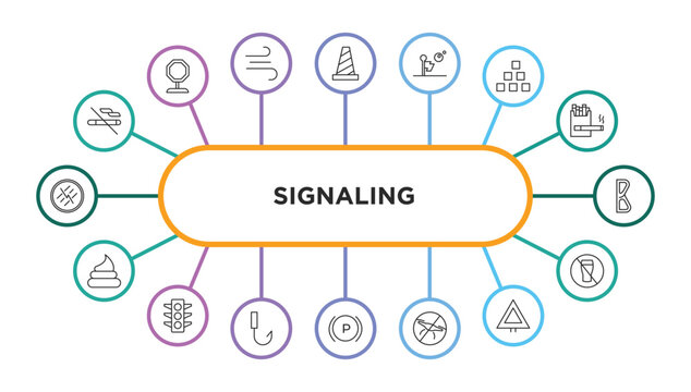 signaling outline icons with infographic template. thin line icons such as no smoke, traffic cones, lost, abecedary, letter b, poop, street, no hooks, parking brake, no drone zone, give way, allowed