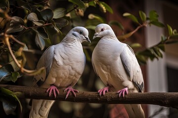 two elegant white birds resting on a branch. Generative AI