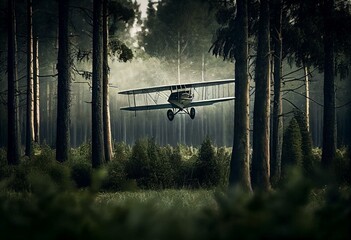 Wright Brothers biplane type B flying over a field with trees woods in the background. Wright Brothers airplane being tested. First Military Plane Purchased by US. Biplane circa 1910. Generative AI - obrazy, fototapety, plakaty