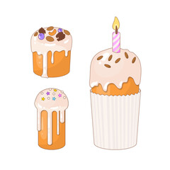Easter cake set. The traditional celebration of Easter in April. Images for decorating the house in the spring holiday. Sweet pastries covered with icing. Vector illustration.