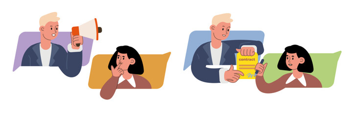 Set of cartoon characters working in recruitment agency. Headhunting business representatives. HR department hiring professional candidates for job. Vector