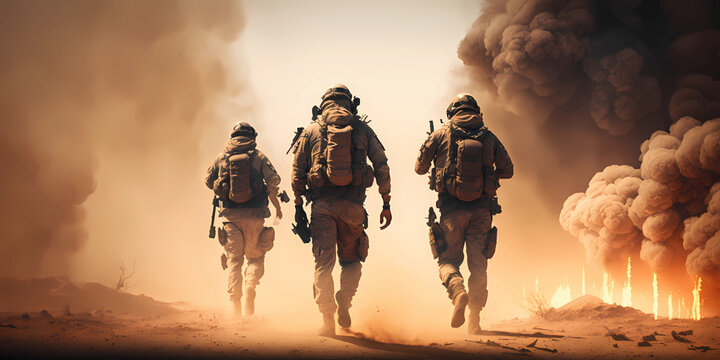 military special forces soldiers crosses destroyed warzone through fire and smoke in the desert, wide poster design with copy space area - Generative AI