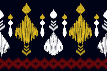 Fototapeta na wymiar Ikat geometric folk ornament. Design for black background, rug, wallpaper, clothing, wrap, batik, fabric, vector illustration. Embroidery style.