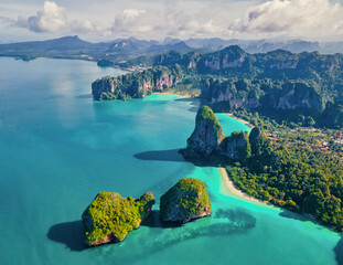 Aerial drone view of Railay beach Krabi Thailand. Railay beach with limestone rocks from the sky