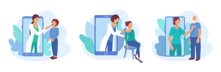 Set of doctors examining their patients during their online communication. Video call meeting with experienced therapists. Professional medical team. Vector