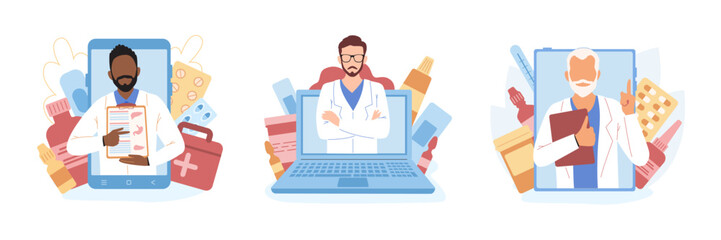 Fototapeta na wymiar Set of different cartoon characters of men working as online doctors. Process of providing modern healthcare services. Online telemedicine sector. Vector