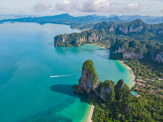 Railay Beach Krabi Thailand, the tropical beach of Railay Krabi, Drone aerial view of Panoramic...