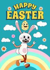 Vintage Happy Easter poster Trendy Easter Groovy 1970 style with bunny, flowers, egg, rainbow