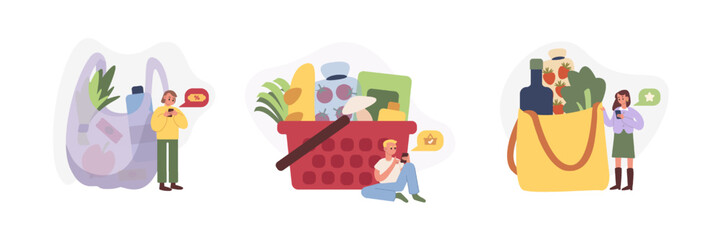 Set of cartoon characters buying food when shopping online. Choosing fruits, vegetables and beverages via mobile applications. Online grocery shopping. Vector