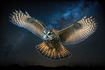 owl in flight, wings spread against starry night sky, created with generative ai