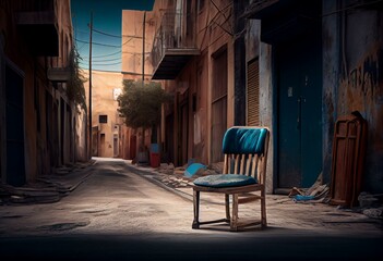 Naklejka na ściany i meble mesa,silla,butacón abandonado en la calle para ser recogido por los servicios de limpieza. Generative AI