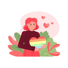 Colored cartoon character of woman participating in pride parade. Young people supporting lgbt community. No violence and discrimination. Equality and homosexuality. Vector