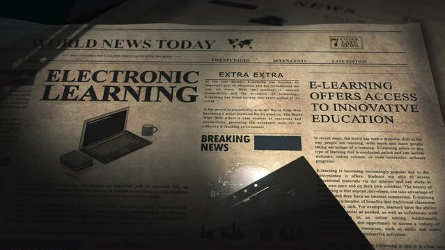 Electronic learning article in vintage retro newspaper on table of news archive. Motion graphics animation
