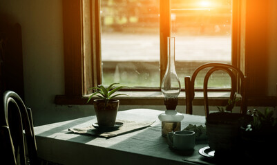 old oil lamp in a room with a plant