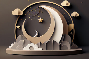 Ramadan night celebration illustration with mosque and crescent moon