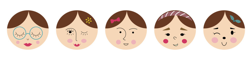 Feminine look, abstract personage, mascot design, funny face, cute icon.