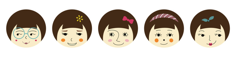 Feminine look, abstract personage, mascot design, funny face, cute icon.