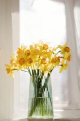 Bouquet of daffodils in glass vase