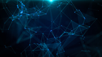 3D Abstract geometric background. Triangles, dots and lines are connecting with shine