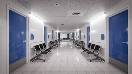 3d illustration rendering.  Empty Corridor In Modern Hospital